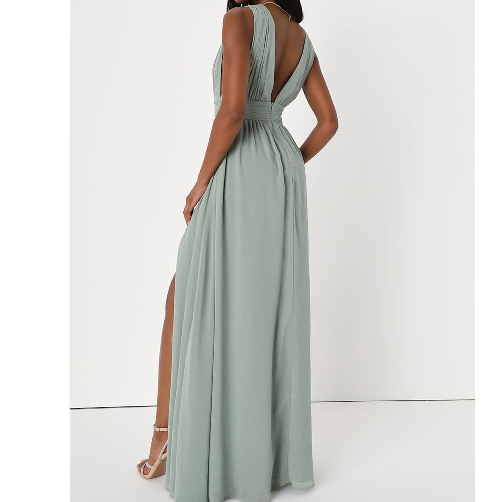 Lulus NWOT Heavenly Hues Sage Green Brush Woven Chiffon V-Neck Maxi Dress Large - Picture 4 of 11